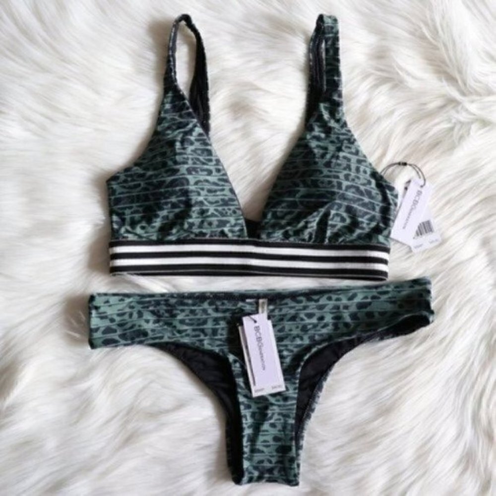 NWT BCBGeneration Leopard Print Bikini Set Size Medium Green Bathing Suit